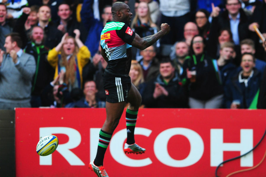Ugo Monye celebrates his opening try