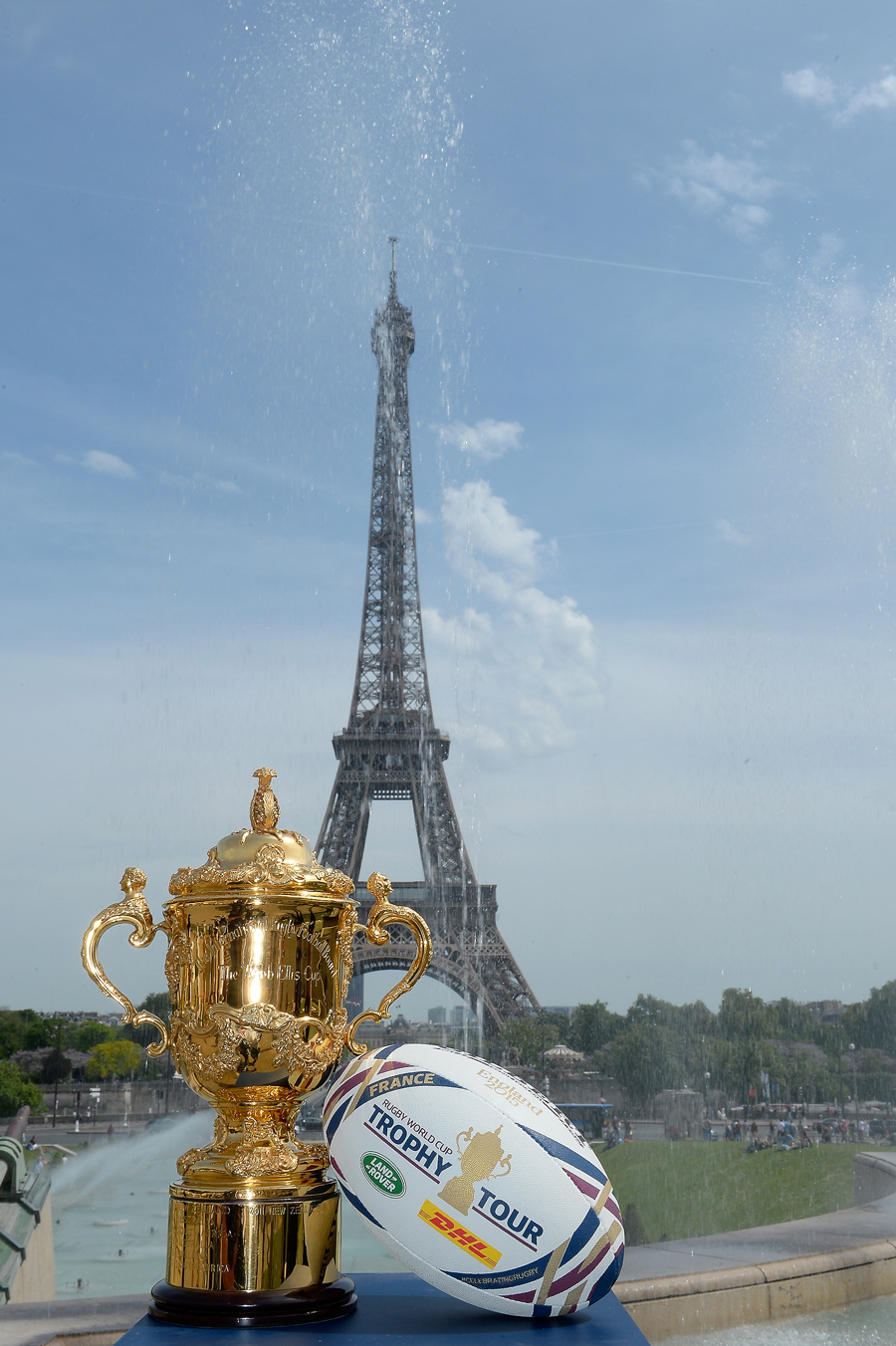 The Webb Ellis Cup visits the Eiffel Tower during the Rugby World Cup Trophy Tour
