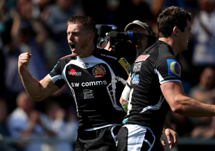 Gareth Steenson celebrates after Ian Whitten scores the opening try, Exeter Chiefs v Sale Sharks, Aviva Premiership, Sandy Park, May 16, 2015