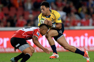 The Brumbies' Christian Leali'ifano takes on the line, Lions v Brumbies, Johannesburg, May 16, 2015