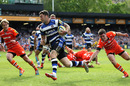 Matt Banahan of Bath breaks through the Leicester defence to score the second try of the game