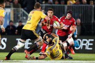 Crusaders' Dan Carter takes on the Hurricanes' defence, Crusaders v Hurricanes, Super Rugby, Trafalgar Park, Nelson, May 29, 2015 
