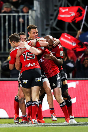 Crusaders players celebrate Mitchell Drumond's try, Crusaders v Highlanders, Super Rugby, Trafalgar Park, Nelson, May 29, 2015