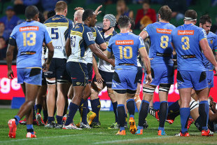 The Brumbies' David Pocock is congratulated after scoring a try, Force v Brumbies, Perth, June 5, 2015