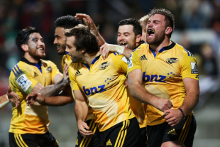 The Hurricanes' Callum Gibbins celebrates the try of Conrad Smith, Chiefs v Hurricanes, Super Rugby, Yarrow Stadium New Plymouth, June 13, 2015