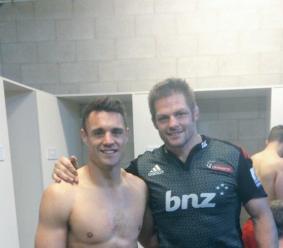 Crusaders Dan Carter and Richie McCaw take a final photo together as Crusaders players