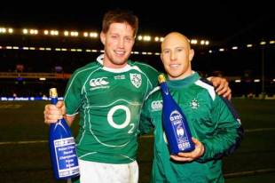 Ronan O'Gara of Ireland poses with his Record Championship Points Scorers Award and Peter Stringer with his Man of the Match Award  the RBS Six Nations Championship match between Scotland and Ireland.