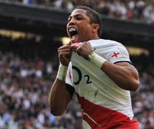 England's Delon Armitage celebrates after scoring a try, England v France, Six Nations Championship, Twickenham, March 15, 2009
