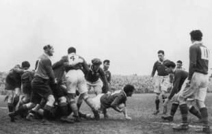 Ireland's JC Daly crawls from a ruck with the ball, Ireland v Wales, Five Nations, Ravenhill, Belfast, March 13, 1948