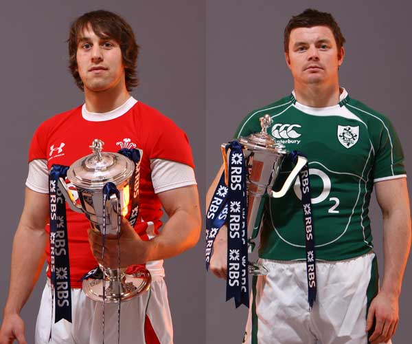 Wales captain Ryan Jones and Ireland skipper Brian O'Driscoll pose with the Six Nations Championship trophy