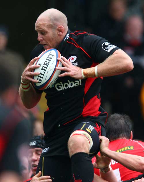 Saracens' Kris Chesney wins a lineout ball against the Scarlets