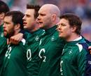 Ireland captain Brian O'Driscoll leads his team during the national anthems