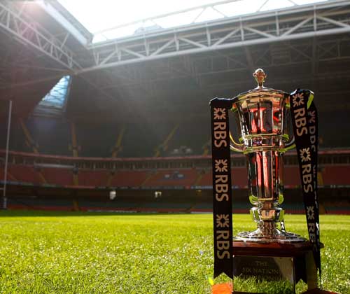 The Six Nations Championship trophy stands on Millennium Stadium pitch