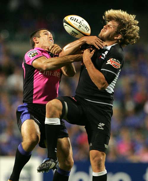 Francois Steyn of the Sharks looks to gather a high ball