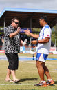 New Zealand's Steve Hansen and Samoa's Alama Ieremia talk ahead of the historic Test