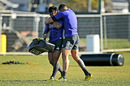 Malakai Fekitoa (L) and Sonny Bill Williams (R) share a light hearted moment after a New Zealand All Blacks training session