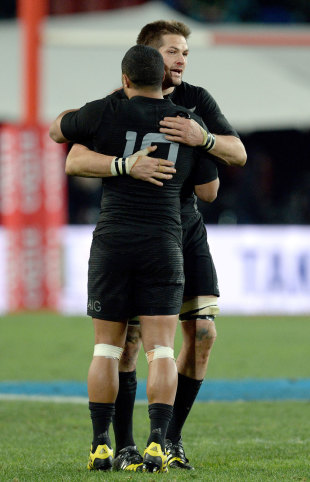 New Zealand's Lima Sopoaga and Richie McCaw celebrate victory, South Africa v New Zealand, Rugby Championship, Ellis Park, Johannesburg, July 25, 2015
