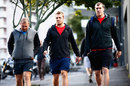 New Zealand's Tony Woodcock (L), Sam Cane (C) and Brodie Retallick arrive at training