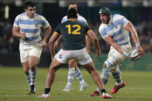 Argentina's lock Tomas Lavanini (R) during the Rugby Championship Test match between South Africa and Argentina at Kings Park stadium in Durban on August 8, 2015.  