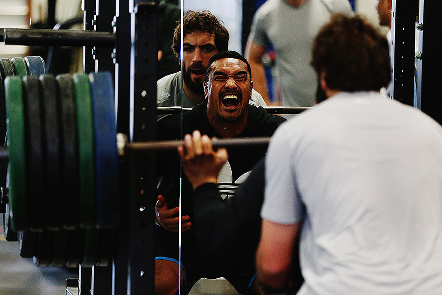 New Zealand's Jerome Kaino feels the burn at an All Blacks weights session