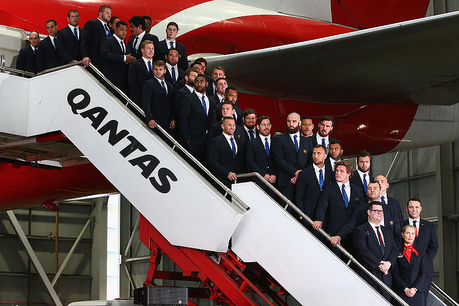 Australia's squad for Rugby World Cup 2015 is unveiled on the steps of a Qantas jet