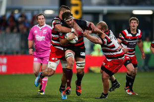Luke Whitelock of Canterbury is tackled by Counties defence, Canterbury v Counties Manukau, ITM Cup, AMI Stadium, Christchurch, August 23, 2015