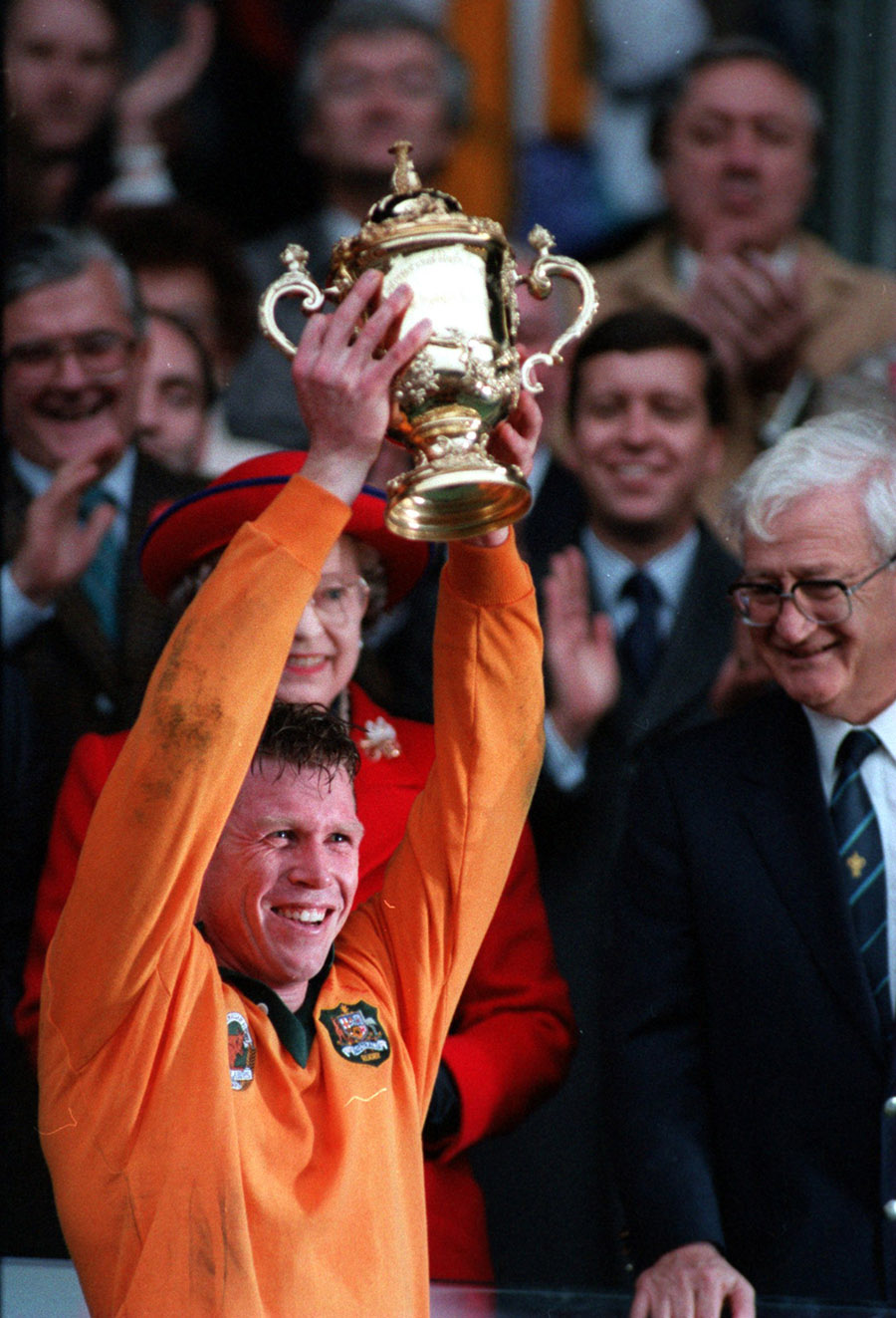 Wallabies captain Nick Farr-Jones lifts the Webb Ellis trophy after the Wallabies defeated England in the 1991 Rugby World Cup final
