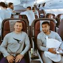 Matt Giteau and Will Genia of the Wallabies get ready for take-off on their way to the USA