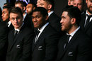 Ben Smith (L), Waisake Naholo (M), Nehe Milner-Skudder (R) look on during the naming of the All Blacks Rugby World Cup squad