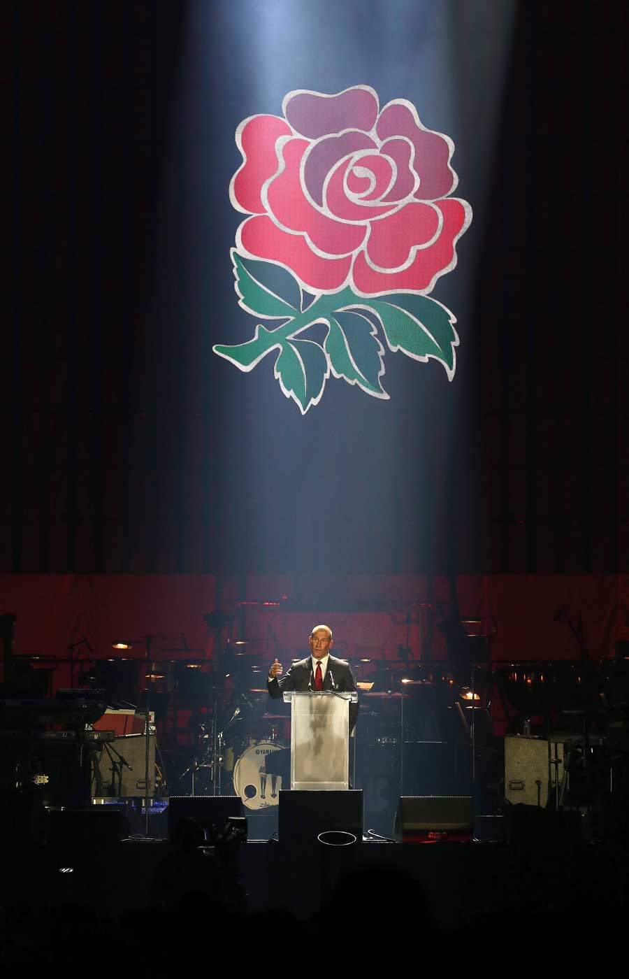 England's Stuart Lancaster addresses the crowd during the Wear The Rose Live official England send-off event, The O2 Arena, London, September 9, 2015 