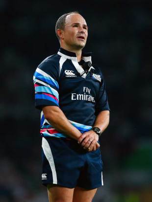 Jaco Peyper watches the action on a big screen to inform a decision, England v Fiji, Rugby World Cup, Twickenham, London, September 18, 2015

