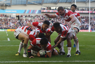 BRIGHTON, ENGLAND - SEPTEMBER 19: Ayumu Goromaru of Japan celebrates scoring his teams during the 2015 Rugby World Cup Pool B match between South Africa and Japan at the Brighton Community Stadium on September 19, 2015 in Brighton, United Kingdom. (Photo by Charlie Crowhurst/Getty Images