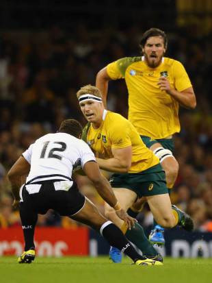 Australia's David Pocock takes on Gabiriele Lovobalavu, Australia v Fiji, Rugby World Cup, Millennium Stadium, Cardiff, September 23, 2015
