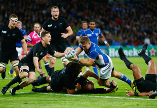 LONDON, ENGLAND - SEPTEMBER 24:  Johan Deysel of Namibia goes over to score his teams opening try during the 2015 Rugby World Cup Pool C match between New Zealand and Namibia at the Olympic Stadium on September 24, 2015 in London, United Kingdom.  (Photo by Phil Walter/Getty Images)