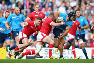 LEEDS, ENGLAND - SEPTEMBER 26:  Edoardo Gori of Italy is tackled by Matt Evans of Canada during the 2015 Rugby World Cup Pool D match between Italy and Canada at Elland Road on September 26, 2015 in Leeds, United Kingdom.  (Photo by Alex Livesey/Getty Images)