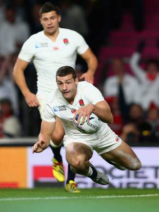 England's Jonny May scores a try, England v Wales, Rugby World Cup, Twickenham Stadium, London, September 26, 2015