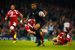 CARDIFF, WALES - OCTOBER 02:  Waisake Naholo of the New Zealand All Blacks breaks to score the opening try during the 2015 Rugby World Cup Pool C match between New Zealand and Georgia at the Millennium Stadium on October 2, 2015 in Cardiff, United Kingdom.  (Photo by Laurence Griffiths/Getty Images)