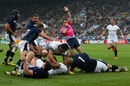 South Africa's JP Pietersen of South Africa (floor) celebrates scoring a try