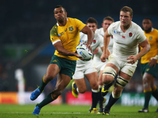 Kurtley Beale of Australia looks to pass as he breaks through the line, England v Australia, Rugby World Cup,Twickenham, London, October 3, 2015