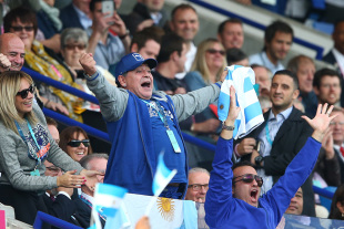 LEICESTER, ENGLAND - OCTOBER 04:  Diego Maradona celebrates Argentina's second try during the 2015 Rugby World Cup Pool C match between Argentina and Tonga at Leicester City Stadium on October 4, 2015 in Leicester, United Kingdom.  (Photo by Michael Steele/Getty Images)