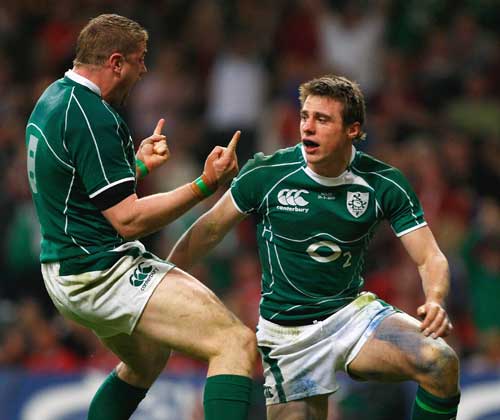 Jamie Heaslip and Tommy Bowe of Ireland celebrate Bowe's try early in the second half