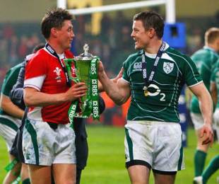 Ireland's Ronan O'Gara and Brian O'Driscoll celebrate their team's Grand Slam victory, Wales v Ireland, Six Nations Championship, Millennium Stadium, Cardiff, Wales, March 21, 2009