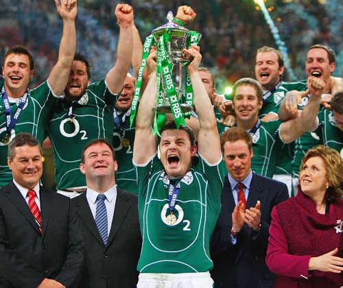 Ireland skipper Brian O'Driscoll lifts the Six Nations Championship trophy