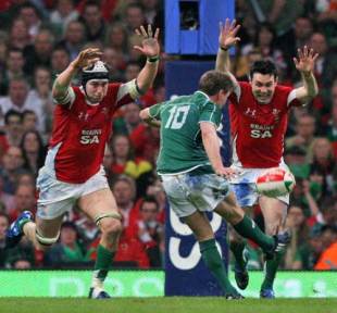 Ireland fly-half Ronan O'Gara kicks a Grand Slam winning drop goal against Wales, Wales v Ireland, Six Nations Championship, Millennium Stadium, Cardiff, Wales, March 21, 2009