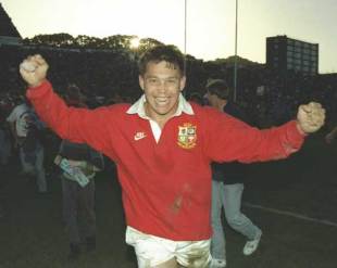 Rory Underwood celebrates victory, New Zealand v British and Irish Lions, Second Test, Athletic Park, Wellington, New Zealand, June 26, 1993