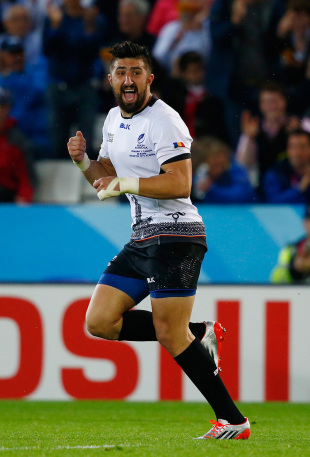 LEICESTER, ENGLAND - OCTOBER 06:  Florin Vlaicu of Romania celebrates a successful penalty during the 2015 Rugby World Cup Pool D match between Canada and Romania at Leicester City Stadium on October 6, 2015 in Leicester, United Kingdom.  (Photo by Laurence Griffiths/Getty Images)