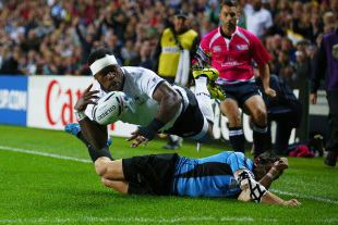 Lepani Botia of Fiji is loses the ball in a tackle from Agustin Ormaechea of Uruguay, but a penalty try was awarded due to an illegal tackle, Fiji v Uruguay, Rugby World Cup, Stadium mk, Milton Keynes, October 6, 2015