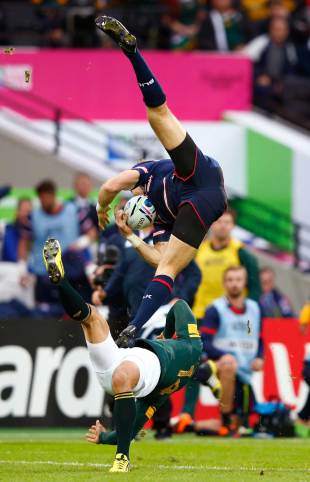 Blaine Scully of the United States and Bryan Habana come together going for a high ball, South Africa v USA, Rugby World Cup, Queen Elizabeth Park, London, October 7, 2015
