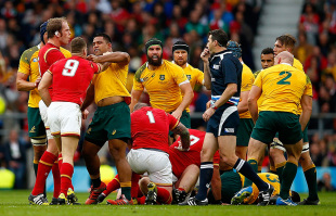 LONDON, ENGLAND - OCTOBER 10: Gareth Davies of Wales clashes with Scott Sio of Australia during the 2015 Rugby World Cup Pool A match between Australia and Wales at Twickenham Stadium on October 10, 2015 in London, United Kingdom.  (Photo by Dan Mullan/Getty Images)