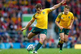 Australia's Bernard Foley kicks at goal, Australia v Wales, Rugby World Cup, Twickenham Stadium, London, October 10, 2015